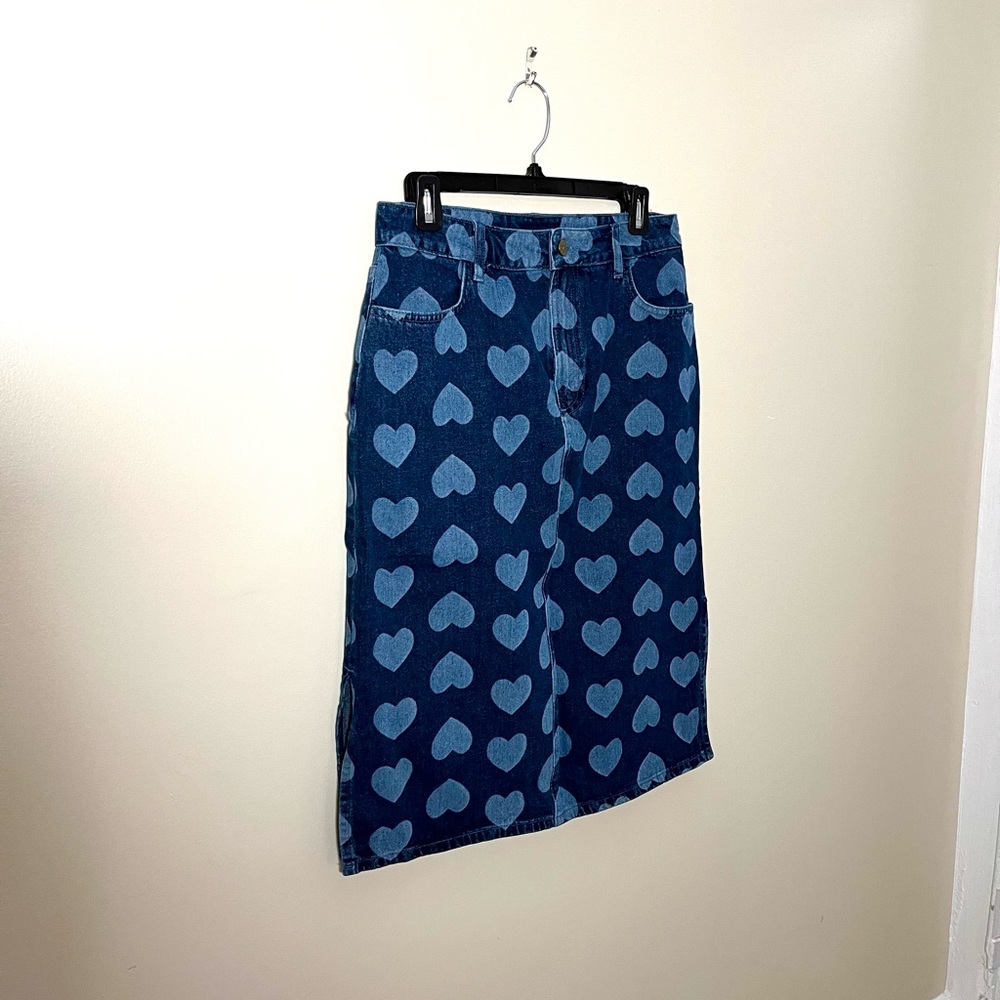 Lazy Oaf Heart Print Denim Midi Skirt